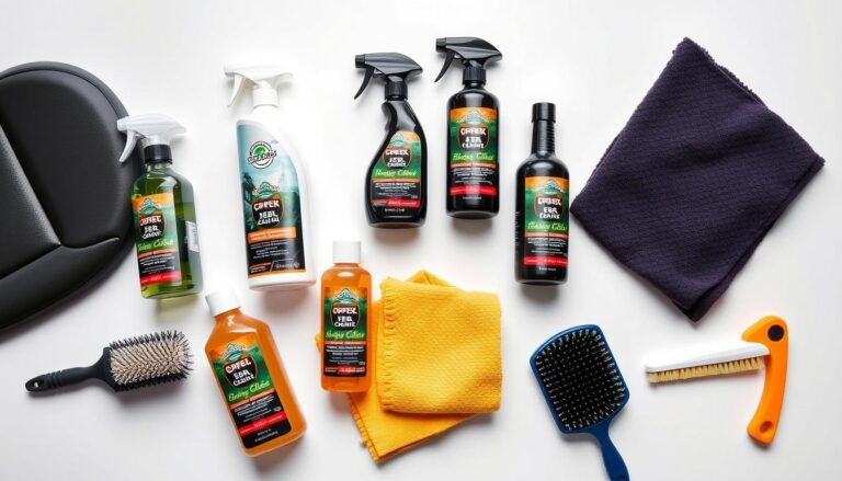 Various car seat cleaners arranged with cleaning tools