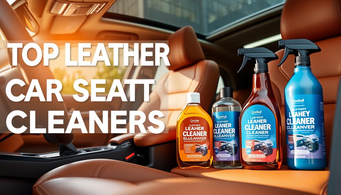 Various leather car seat cleaners arranged next to a luxury car interior