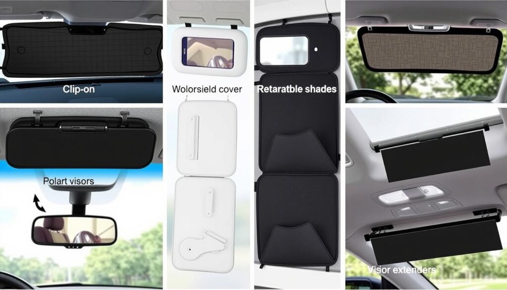 Various types of car sun visors displayed side by side