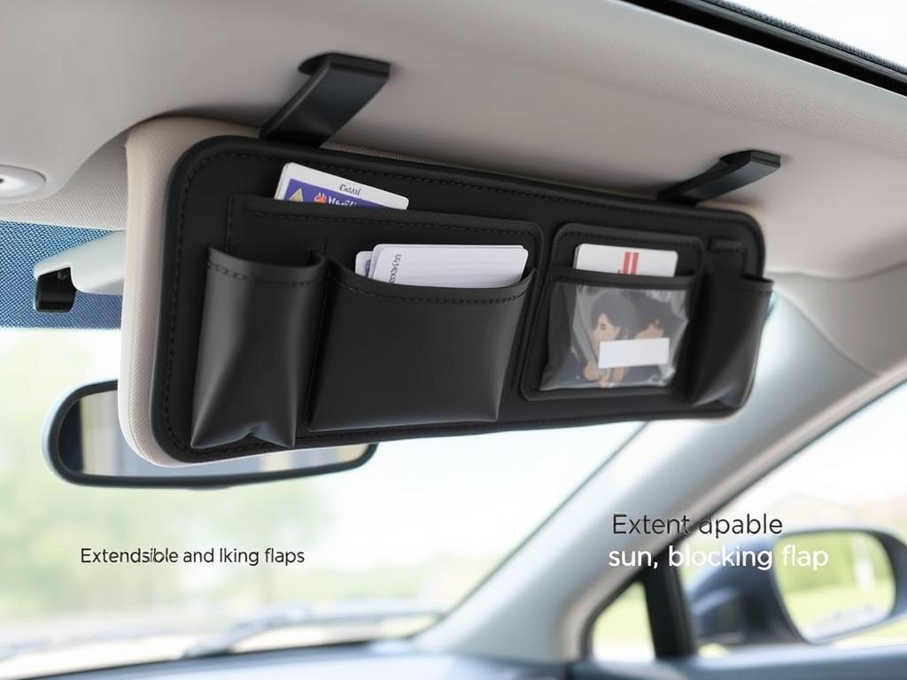 Veharvim Car Visor Organizer showing storage pockets and sun blocking extensions