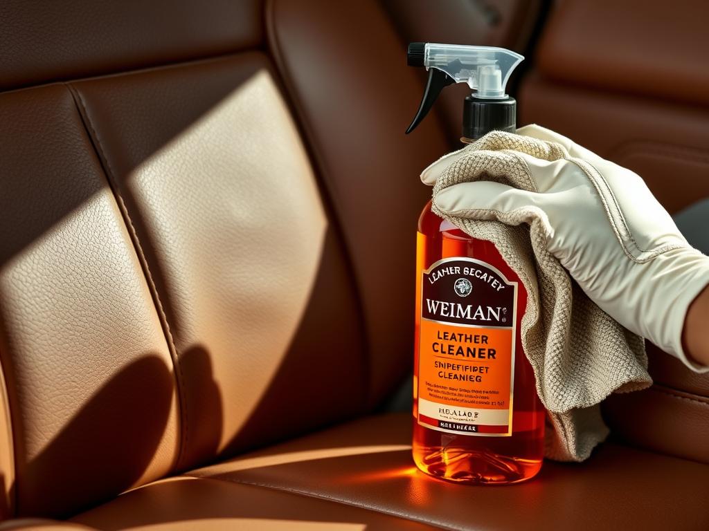 Weiman Leather Cleaner bottle with application on a car seat
