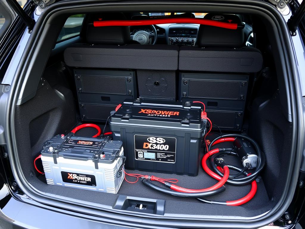 XS Power D3400 car audio battery installed in a custom car audio setup