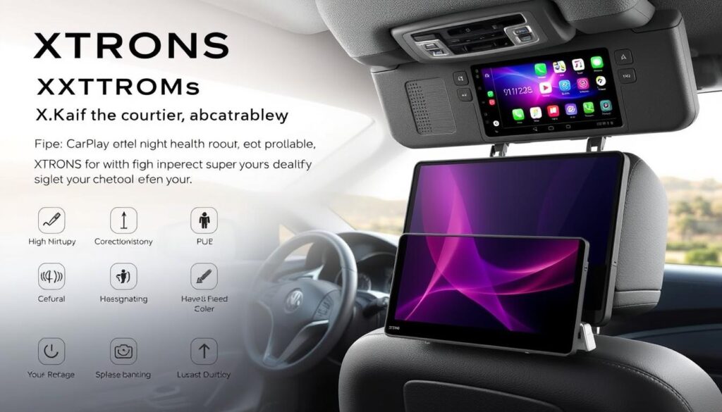 XTRONS 10.1-inch Car DVD Player showing wireless CarPlay interface and mounting system