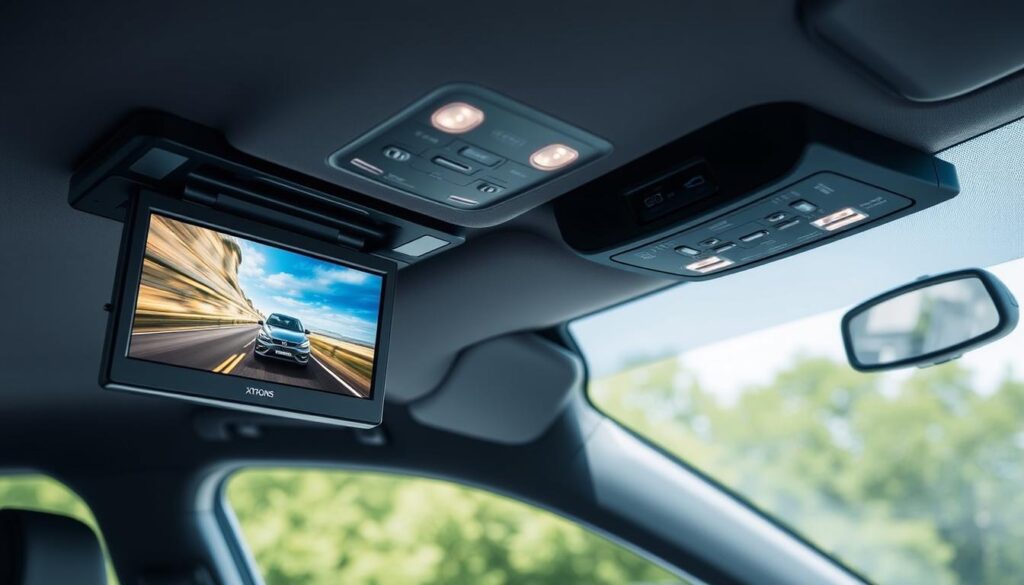 XTRONS CM136HD Flip-Down Monitor installed in car ceiling