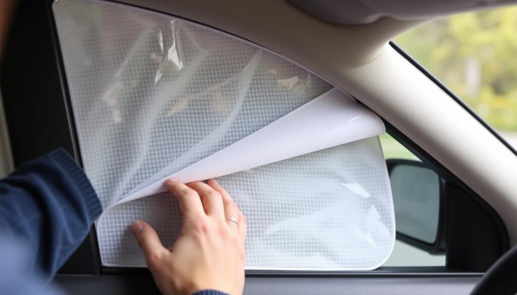 kinder Fluff Car Window Shade being installed on side window kinder Fluff Car Window Shade being installed on side window