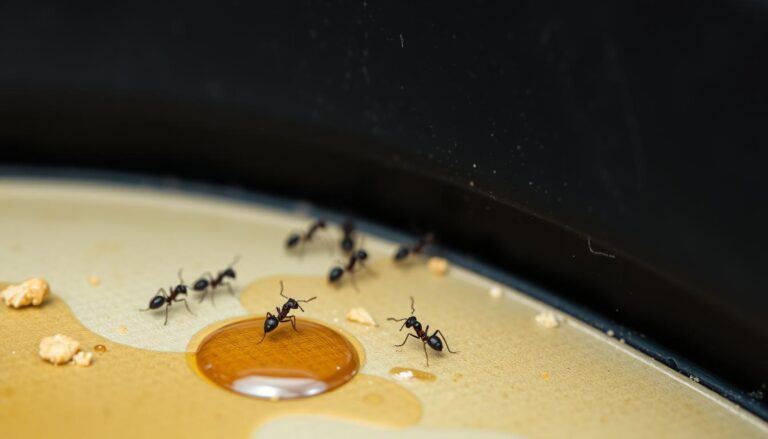Ants crawling inside a car near food crumbs and spills