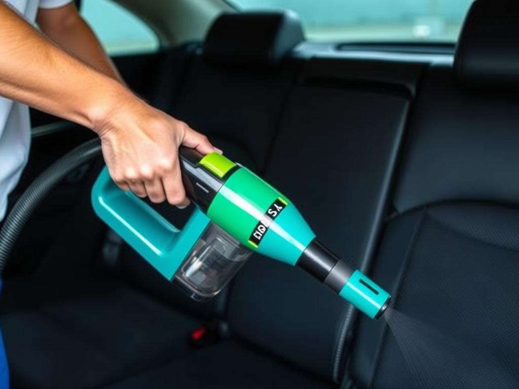 Person vacuuming car interior to remove ants and food crumbs Person vacuuming car interior to remove ants and food crumbs